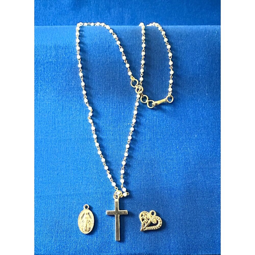 Pearl & Gold Tone 3 Pendant Interchangeable Necklace Cross , Virgin Mary, Heart